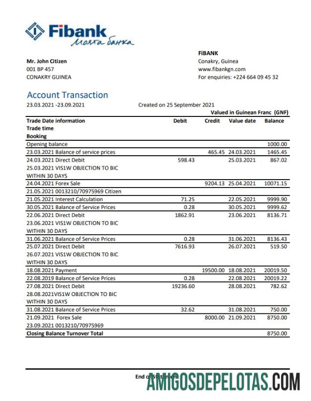 Modelo realista de extrato bancário Fibank da Guiné em formato de arquivo .xls e .pdf